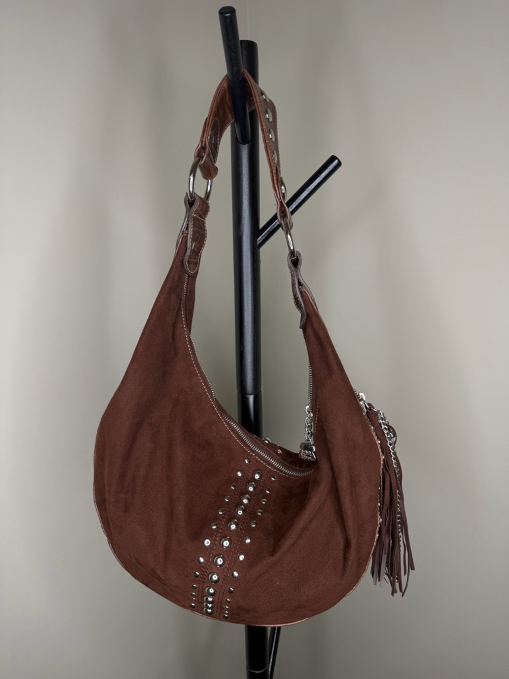 VTG Y2K Kathy Van Zeeland Brown Suede/Leather Studded Hobo Bag w Fringe/Charms
